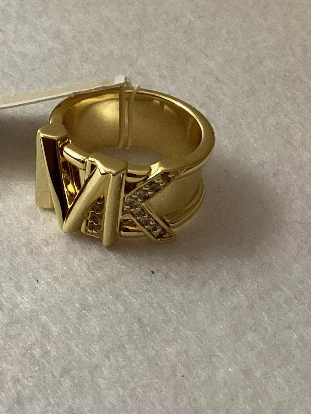 Michael Kors Faceted Mk Band Ring 14K Gold Plated Brass with Clear Stones